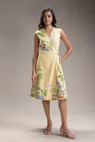 Yellow Reviera printed overlap dress