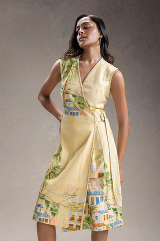 Yellow Reviera printed overlap dress