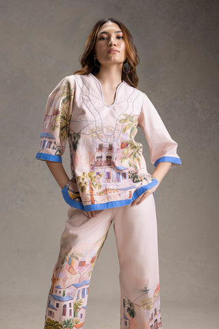 Pink Reviera printed tunic with straight pants