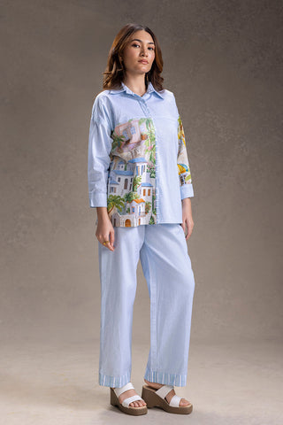 Blue Reviera printed shirt with straight pants