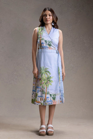Blue Reviera printed overlap dress