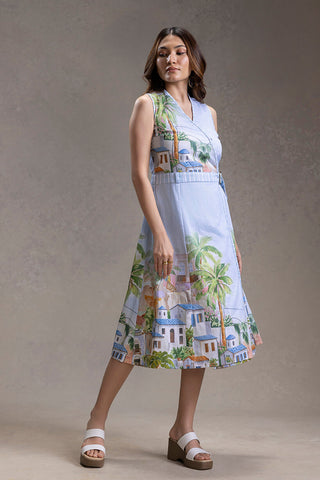Blue Reviera printed overlap dress