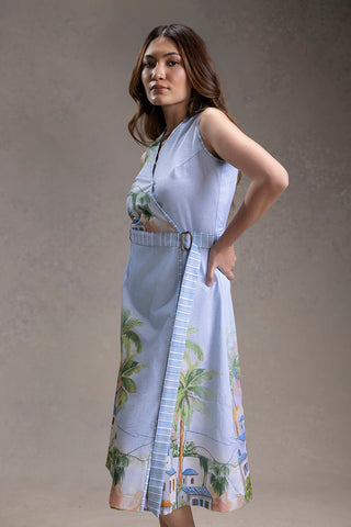 Blue Reviera printed overlap dress