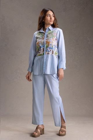 Blue Reviera printed shirt with slit trousers