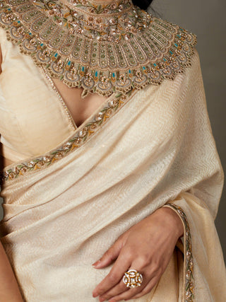 Ri.Ritu Kumar-Off-White Deepali Sari And Stitched Blouse-INDIASPOPUP.COM