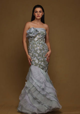 Shriya Som-Blue Textured Floral Gown With Belt-INDIASPOPUP.COM
