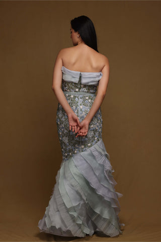 Shriya Som-Blue Textured Floral Gown With Belt-INDIASPOPUP.COM