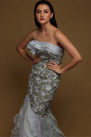 Shriya Som-Blue Textured Floral Gown With Belt-INDIASPOPUP.COM