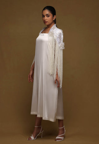 Shriya Som-Ivory Fringe Cape And Slip Dress-INDIASPOPUP.COM