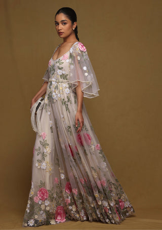 Shriya Som-Nude Floral Gown With Pearl Belt-INDIASPOPUP.COM