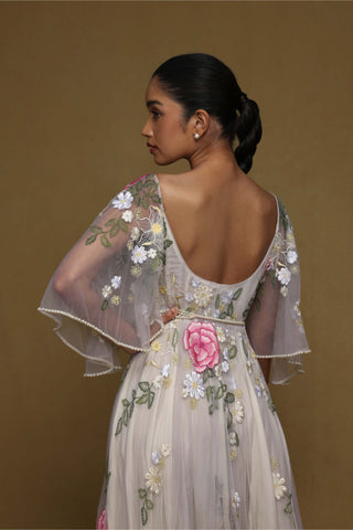 Shriya Som-Nude Floral Gown With Pearl Belt-INDIASPOPUP.COM