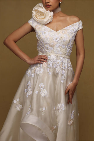 Shriya Som-Ivory Cascading Gown With Pearl Belt-INDIASPOPUP.COM