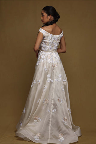 Shriya Som-Ivory Cascading Gown With Pearl Belt-INDIASPOPUP.COM