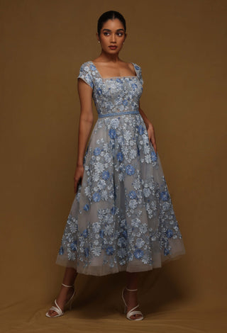 Shriya Som-Blue Floral Midi Dress With Belt-INDIASPOPUP.COM