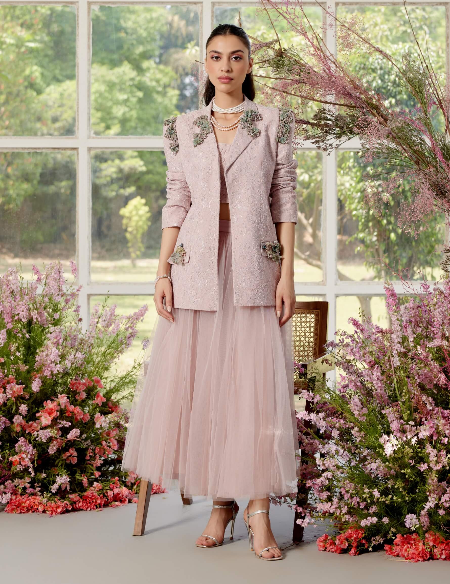 Parul And Preyanka Charlotte Pink Blazer And Tulle Skirt Set Parul And Preyanka Charlotte Pink Blazer And Tulle Skirt Set