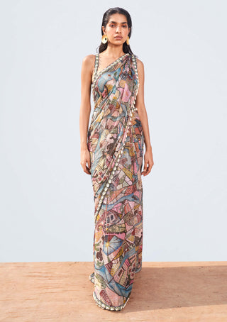 Aisha Rao-Mystic Seascape Printed Sari And Blouse-INDIASPOPUP.COM