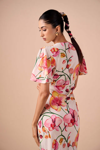 Pink-white orchid crepe dress
