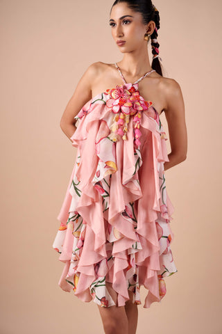 Pink white printed ruffle dress