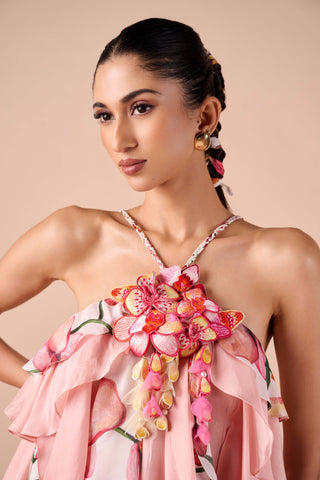 Pink white printed ruffle dress