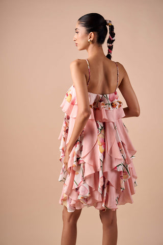 Pink white printed ruffle dress