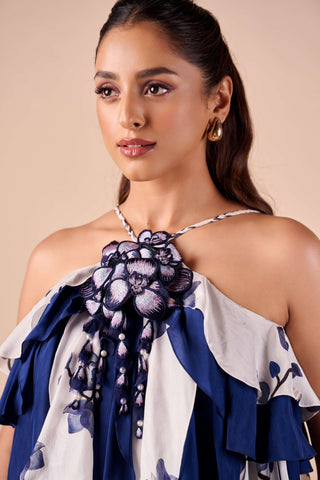 Blue white printed ruffle dress