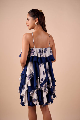Blue white printed ruffle dress