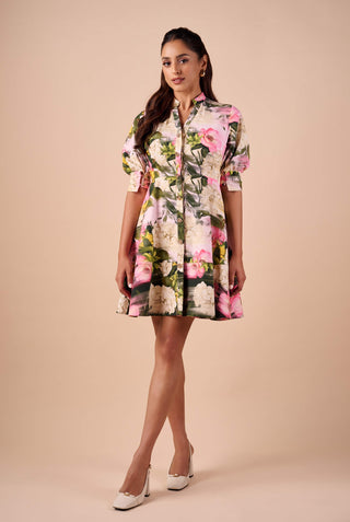 Multicolor smudge printed mini shirt dress