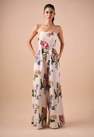 Multicolor floral strapless jumpsuit and belt