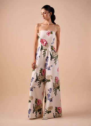 Multicolor floral strapless jumpsuit and belt