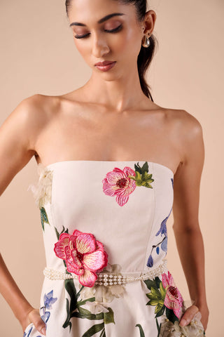 Multicolor floral strapless jumpsuit and belt