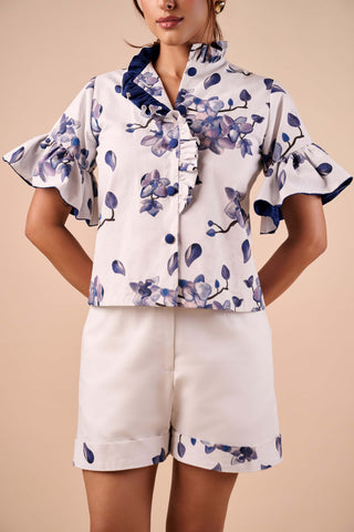 Blue-white ruffle shirt and shorts