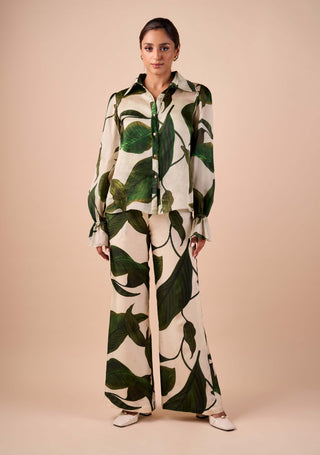 Leaf organza shirt and flared pants