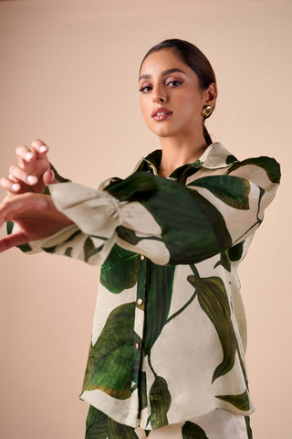 Leaf organza shirt and flared pants