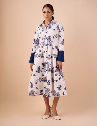 Blue-white orchid maxi shirt dress
