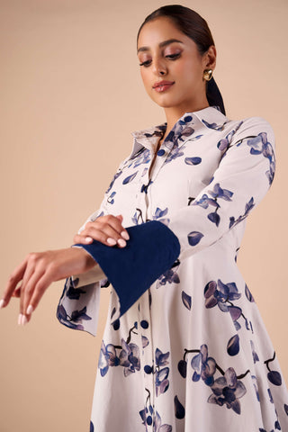Blue-white orchid maxi shirt dress