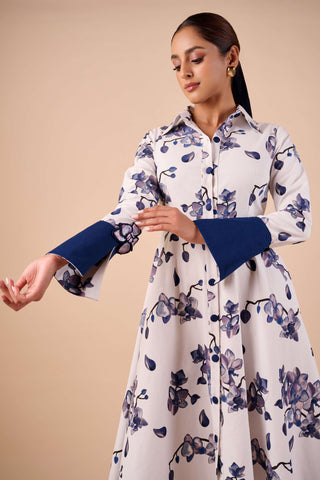 Blue-white orchid maxi shirt dress