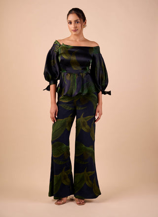 Dark hue off-shoulder top and flared pants