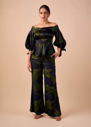 Dark hue off-shoulder top and flared pants