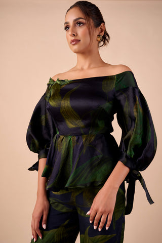 Dark hue off-shoulder top and flared pants