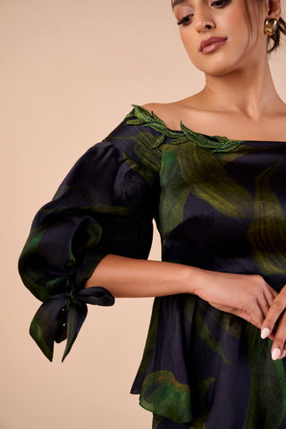 Dark hue off-shoulder top and flared pants