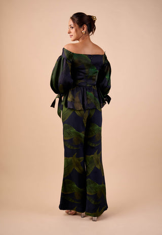 Dark hue off-shoulder top and flared pants