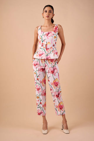 Pink-white canvas structured top with belt and pants