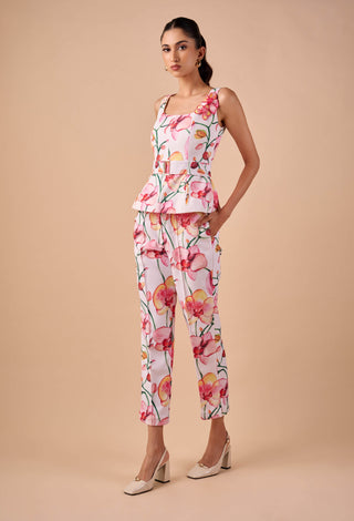 Pink-white canvas structured top with belt and pants