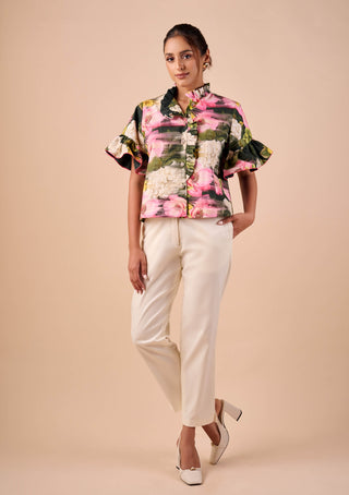 Dark multi smudge ruffle shirt and pants