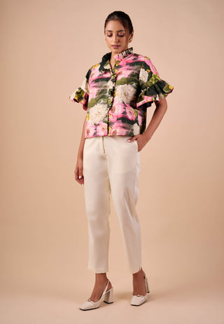 Dark multi smudge ruffle shirt and pants