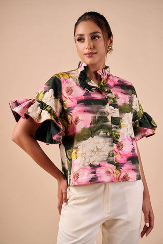 Dark multi smudge ruffle shirt and pants