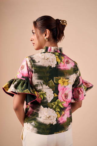 Dark multi smudge ruffle shirt and pants