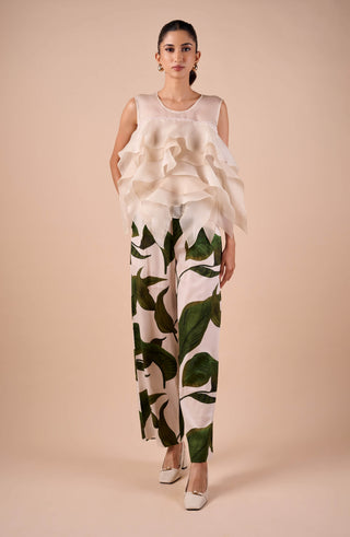 Ivory organza layer ruffle top and cotton pant