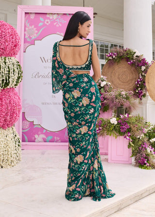 Ashvi emerald green draped sari set