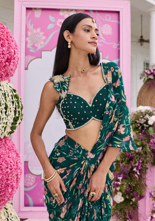 Ashvi emerald green draped sari set